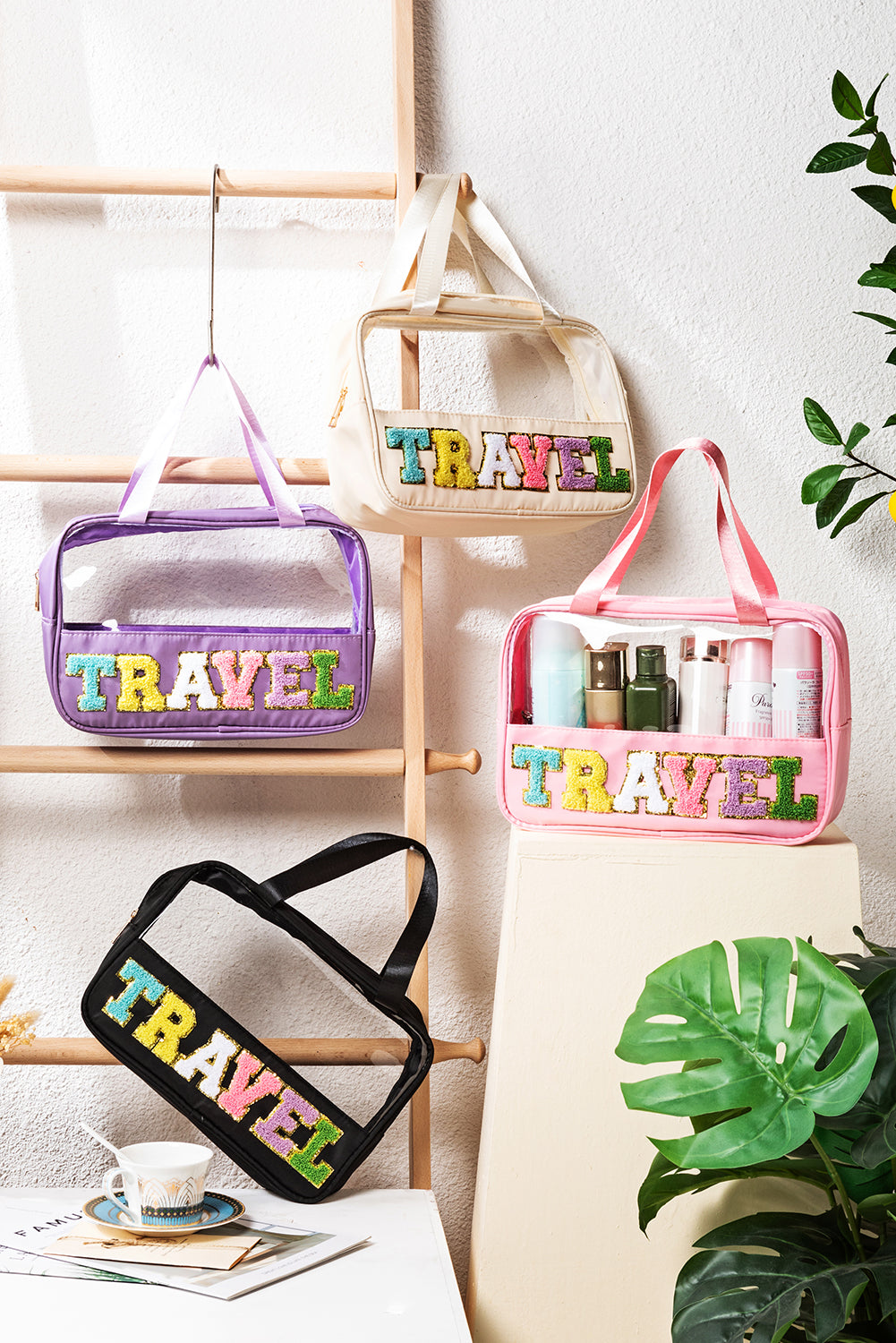Light Pink TRAVEL Chenille Letter Clear PVC Makeup Bag 🇺🇲