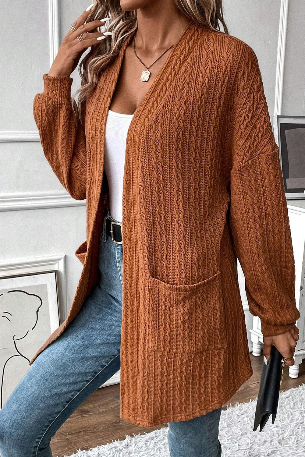 Chestnut Textured Knit Side Pockets Open Front Cardigan 🇨🇳