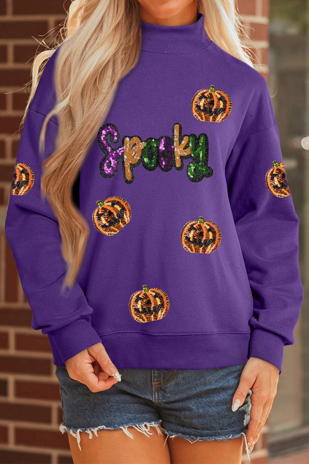 Tillandsia Purple Sequin Pumpkin Spooky Graphic Halloween Pullover Sweatshirt 🇺🇸