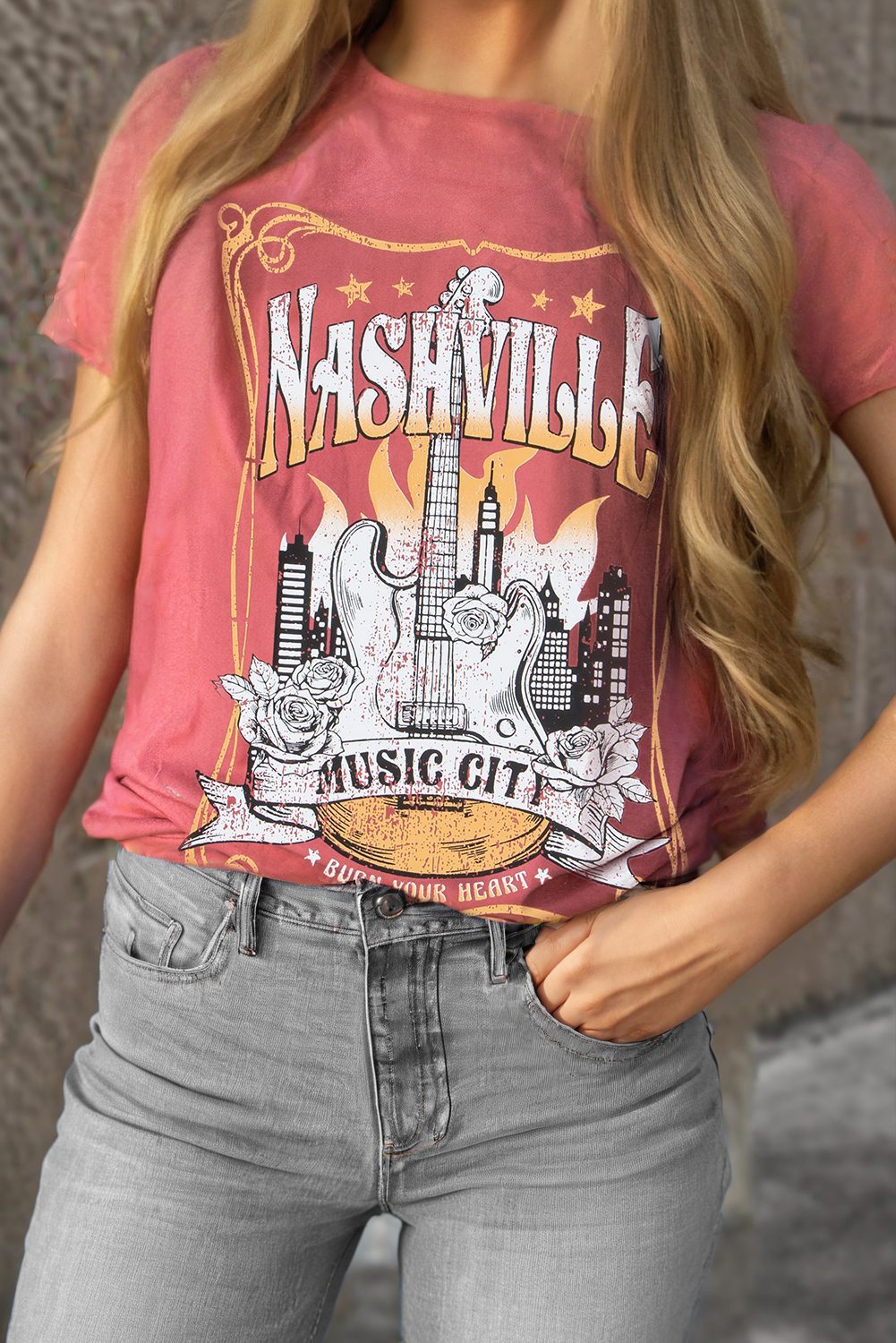 Mineral Red Nashville Music City Graphic Retro Fashion Tee 🇺🇸