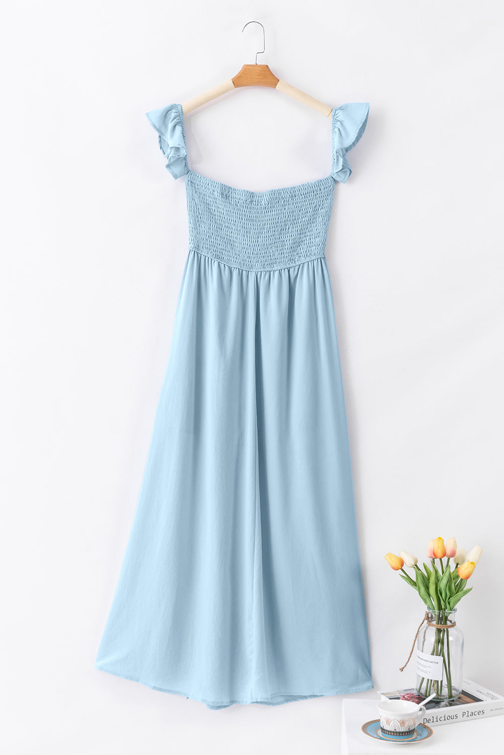 Sky Blue Off Shoulder Ruched Bust Sheer Slit Maxi Dress 🇺🇸