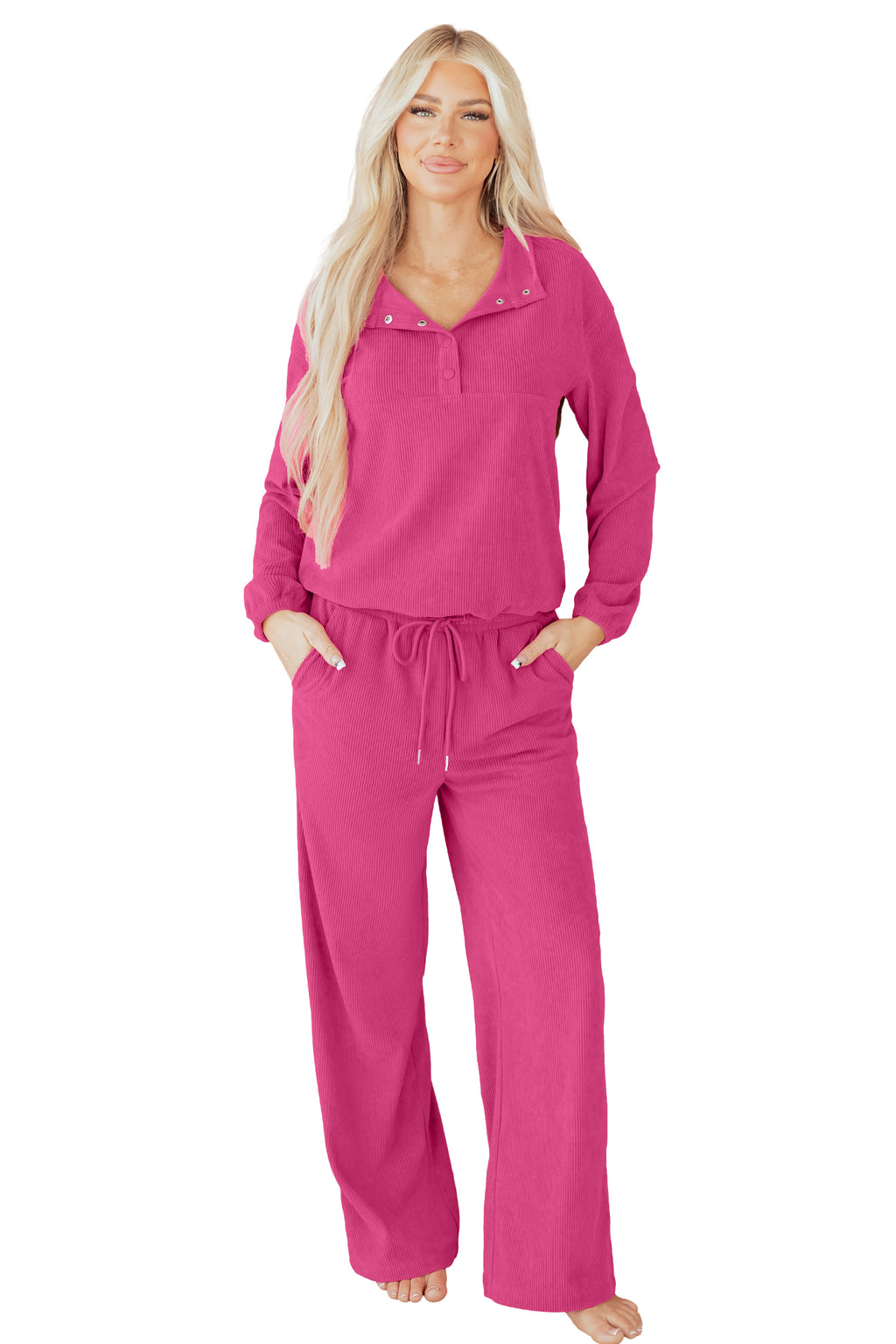 Peach Blossom Half Button Pullover Drawstring Pants Solid Color Corduroy 2pcs Outfit 🇺🇸
