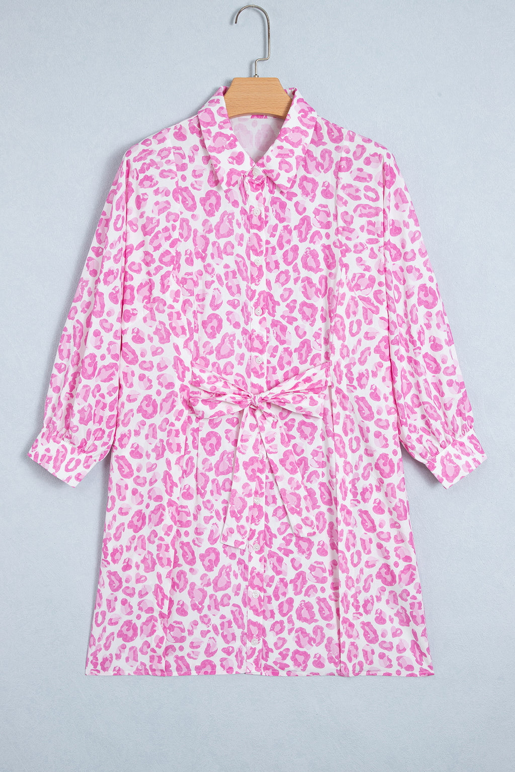 Pink Abstract Leopard Print Tie Waist Puff Sleeve Mini Shirt Dress 🇺🇸