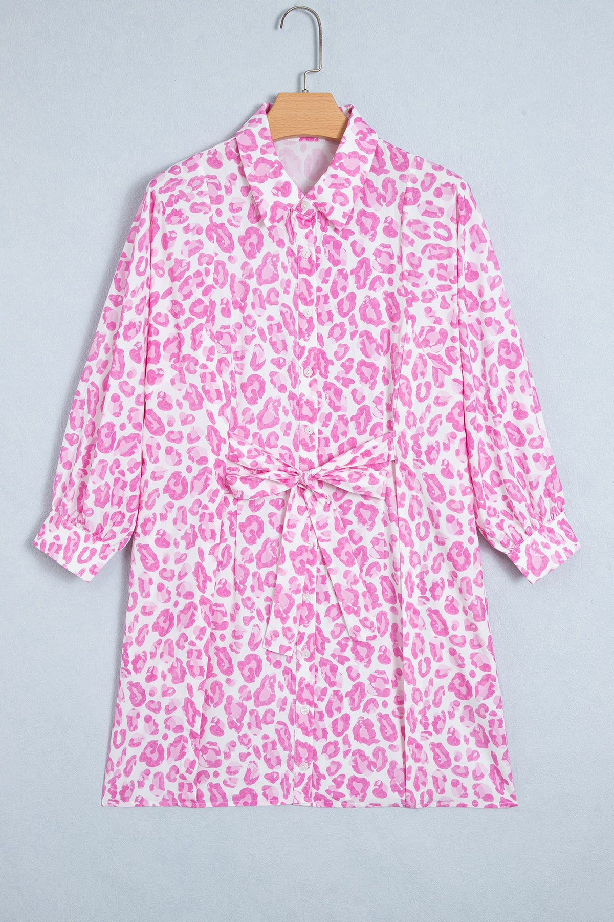 Pink Abstract Leopard Print Tie Waist Puff Sleeve Mini Shirt Dress 🇺🇸
