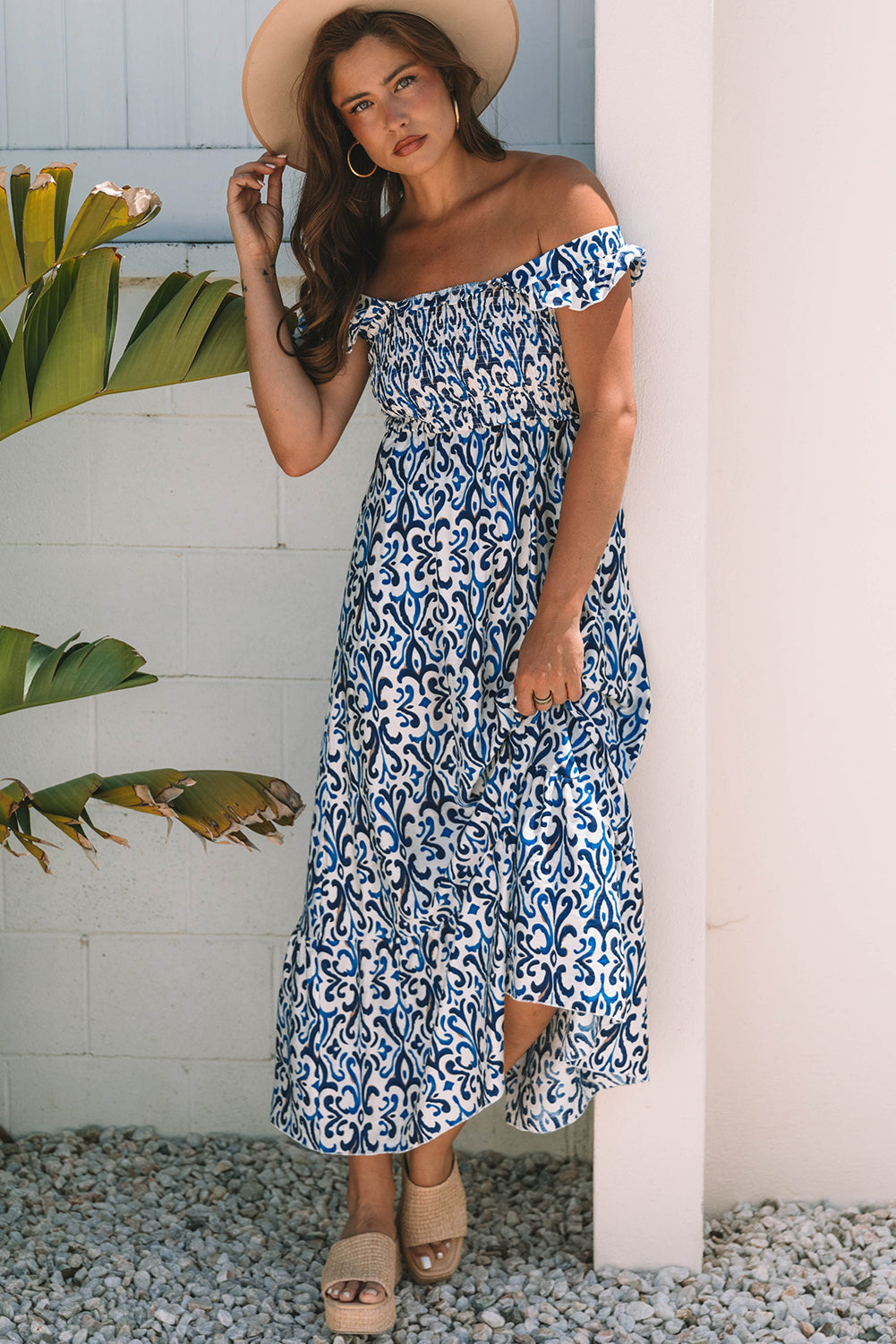 Sky Blue Boho Print Smocked High Waist Maxi Dress 🇺🇸