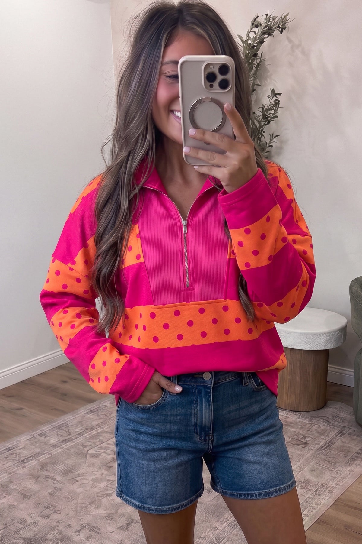 Pink Stripe Patchwork Polka Dot Accent Quarter Zip Long Sleeve Top 🇺🇸