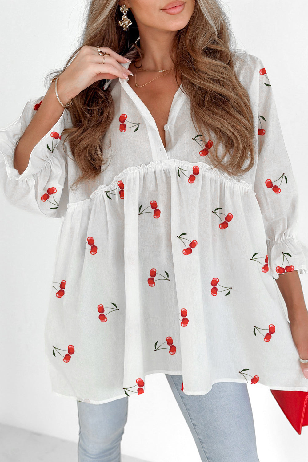 White Cherry Print Flounce Sleeve Collared Frilled Babydoll Blouse 🇺🇸