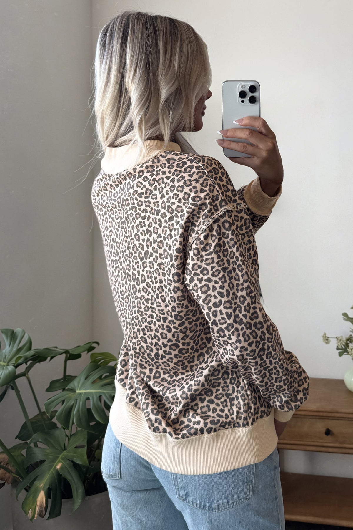 Multicolour Leopard Print High Neck Long Sleeve Ribbed Cuffs Hem Sweatshirt 🇺🇸