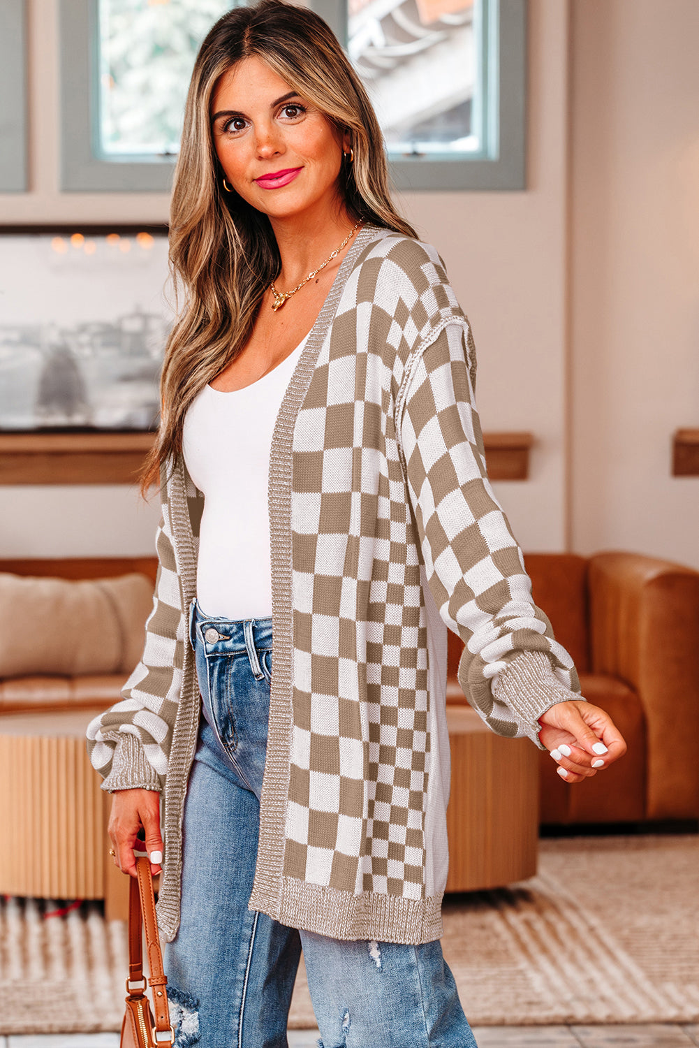 Brown Checkered Open Front Drop Shoulder Cardigan 🇺🇲