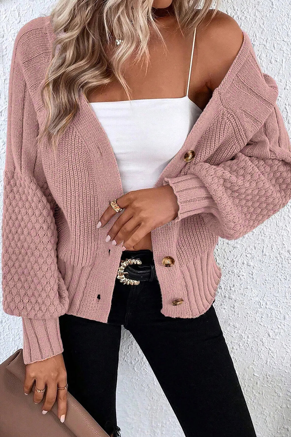 Light Pink Mixed Texture Knit Button V Neck Sweater Cardigan 🇺🇸