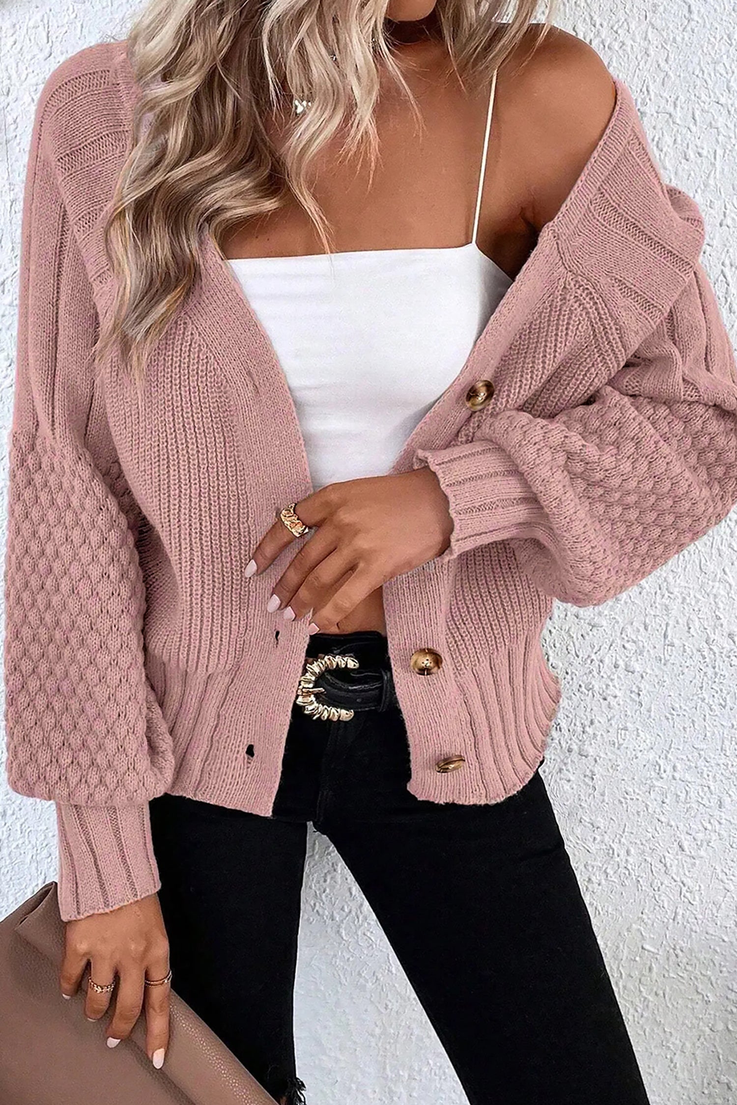 Light Pink Mixed Texture Knit Button V Neck Sweater Cardigan 🇺🇸