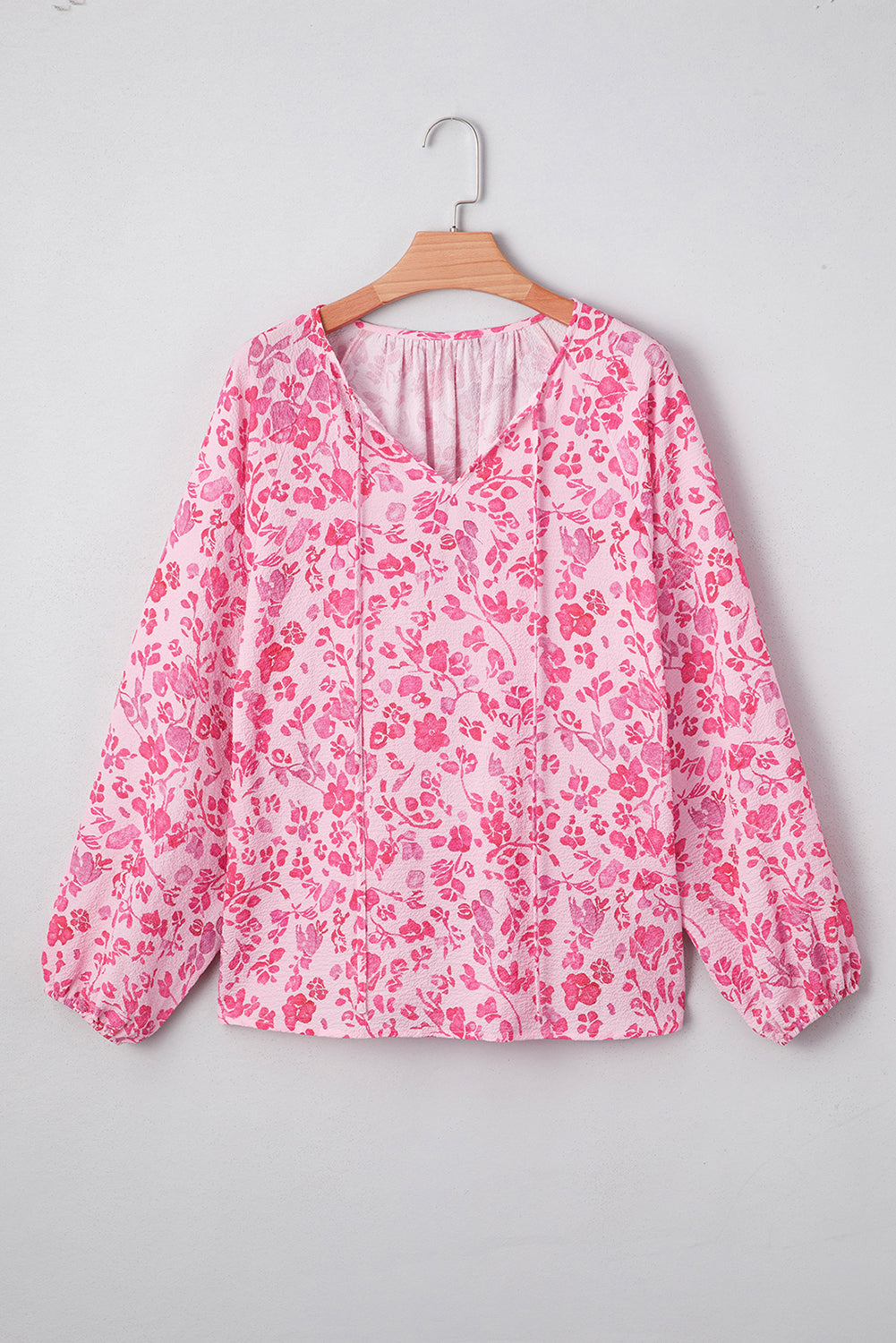 Pink Floral Puff Sleeve Split Neck Lightweight Blouse 🇺🇸