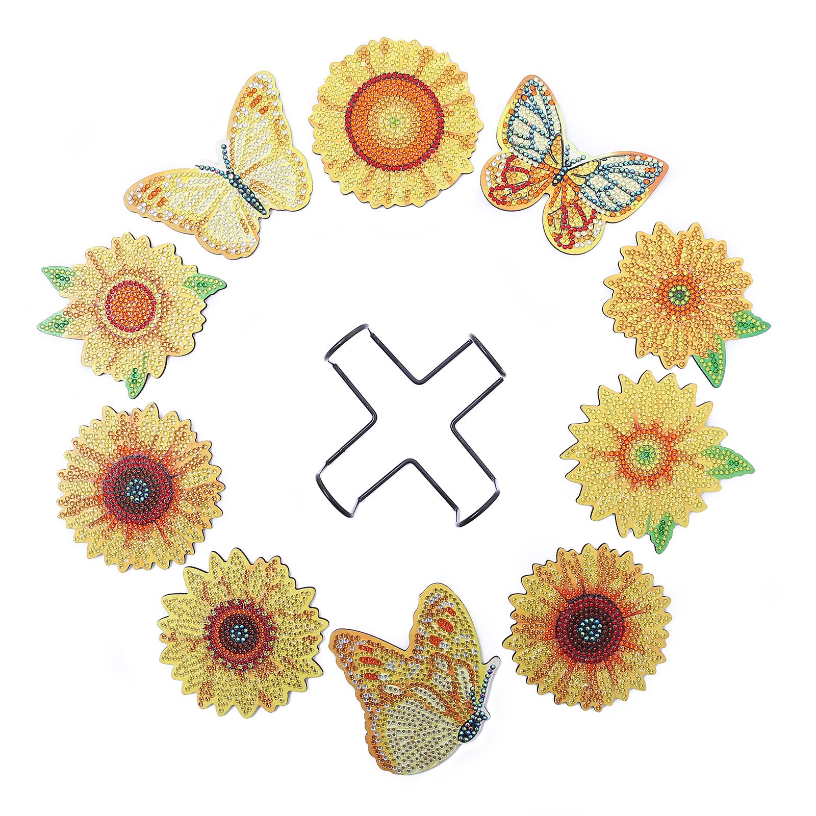 10 Pieces DIY Crystal Glitter Diamond Painted Wooden Art Coaster With Stand Sunflower Style 🇨🇳