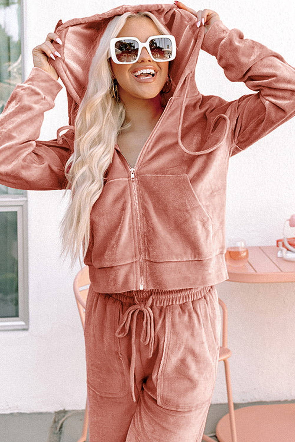 Peach Blossom Velvet Zip-up Hoodie and Wide Leg Pants Set 🇺🇸