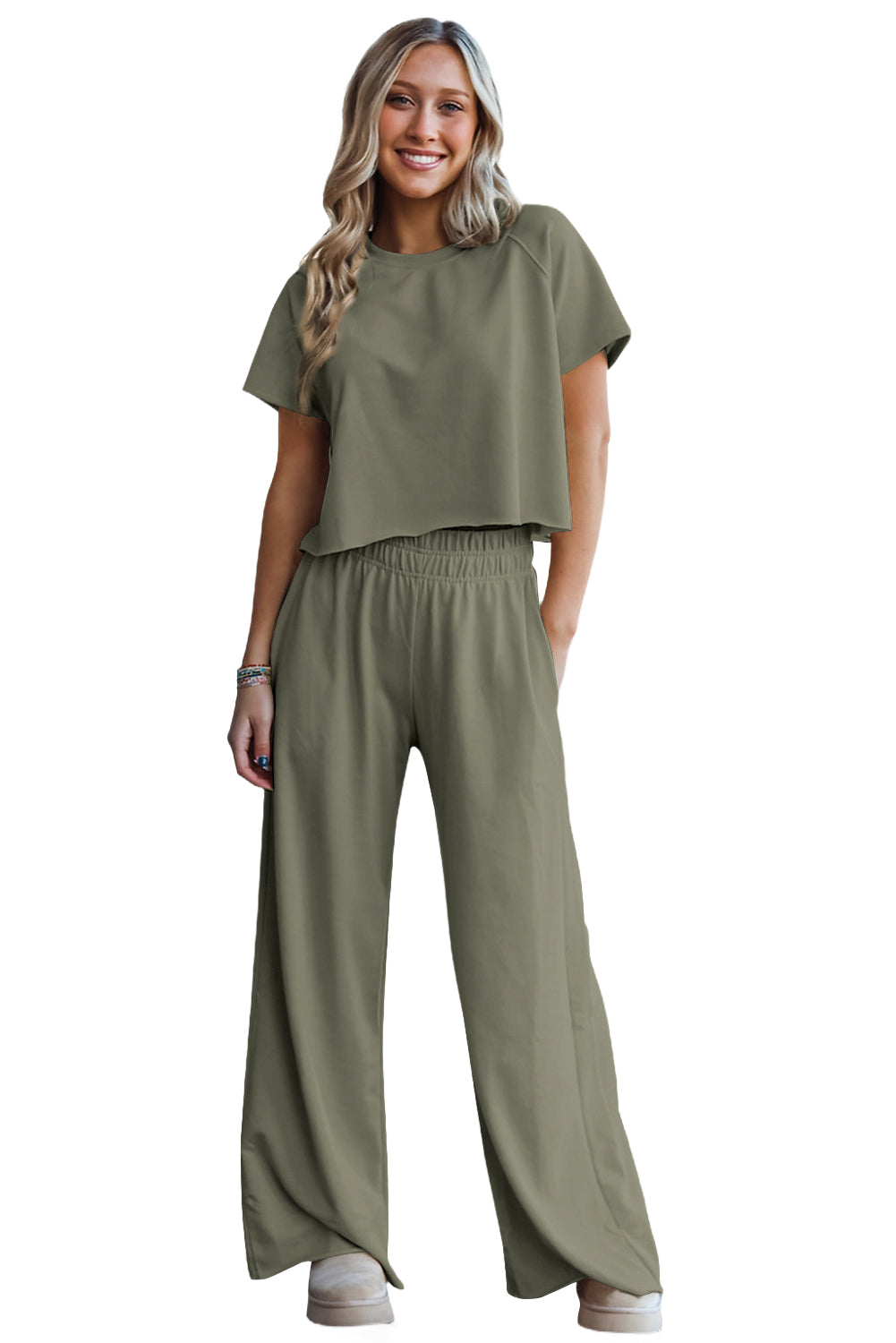 Seagrass Raw Hem Loose Tee and Wide Leg Pants Set 🇺🇸