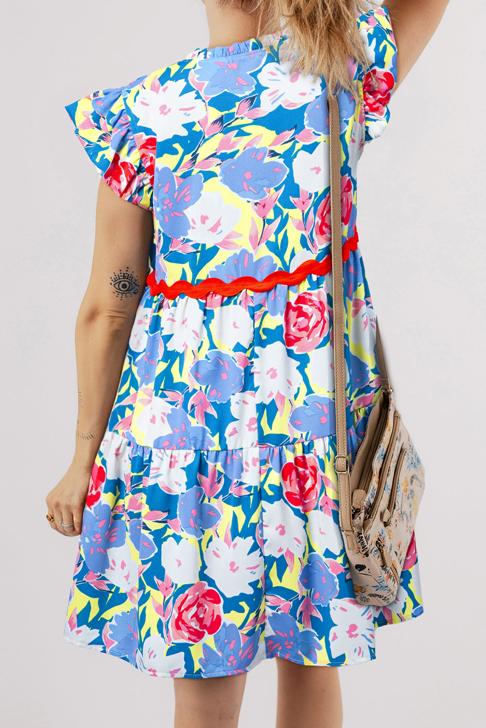 Sky Blue Floral Printed V Notched Ric Rac Flutter Sleeve Dress 🇺🇸