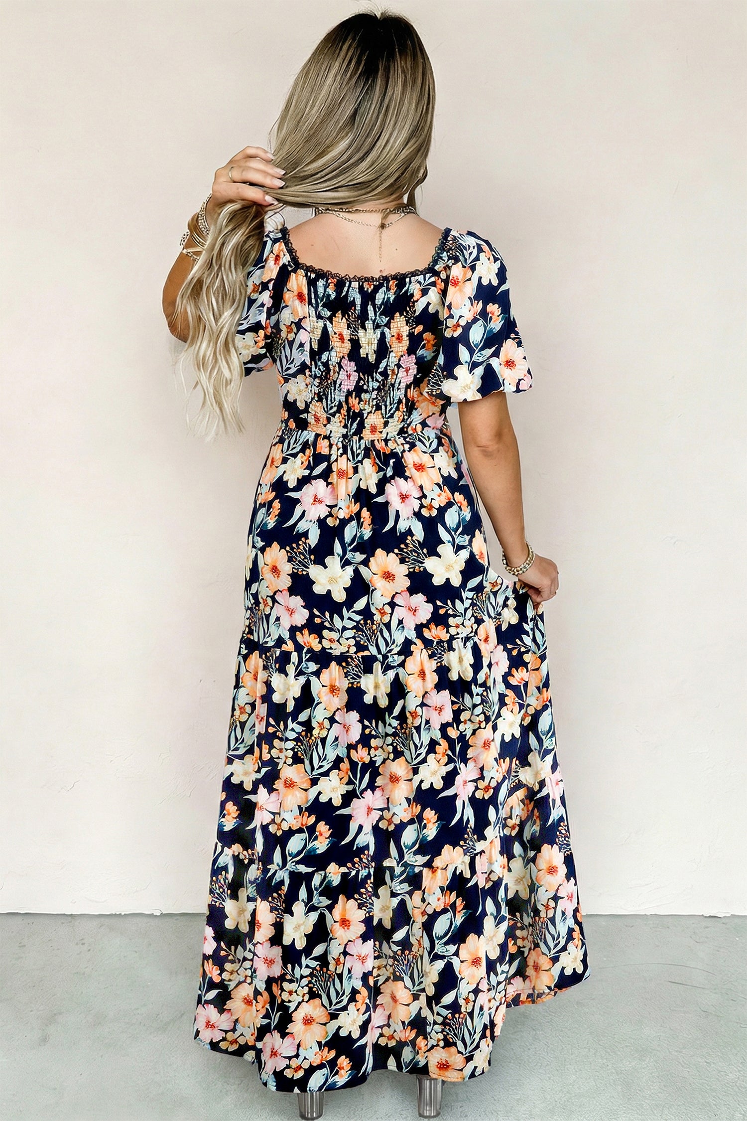 Blue Short Sleeve Smocked Detail High Waist Floral Maxi Dress 🇺🇸