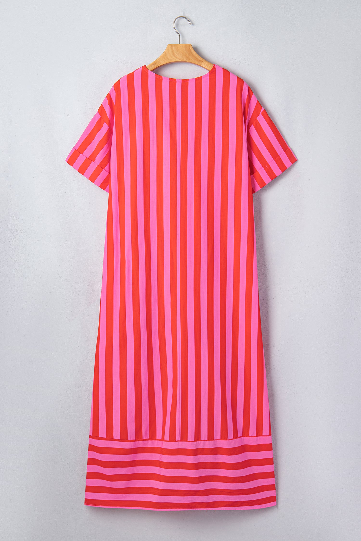 Red Stripe V Neck Cuffed Sleeve Relaxed Split Midi Dress 🇺🇸