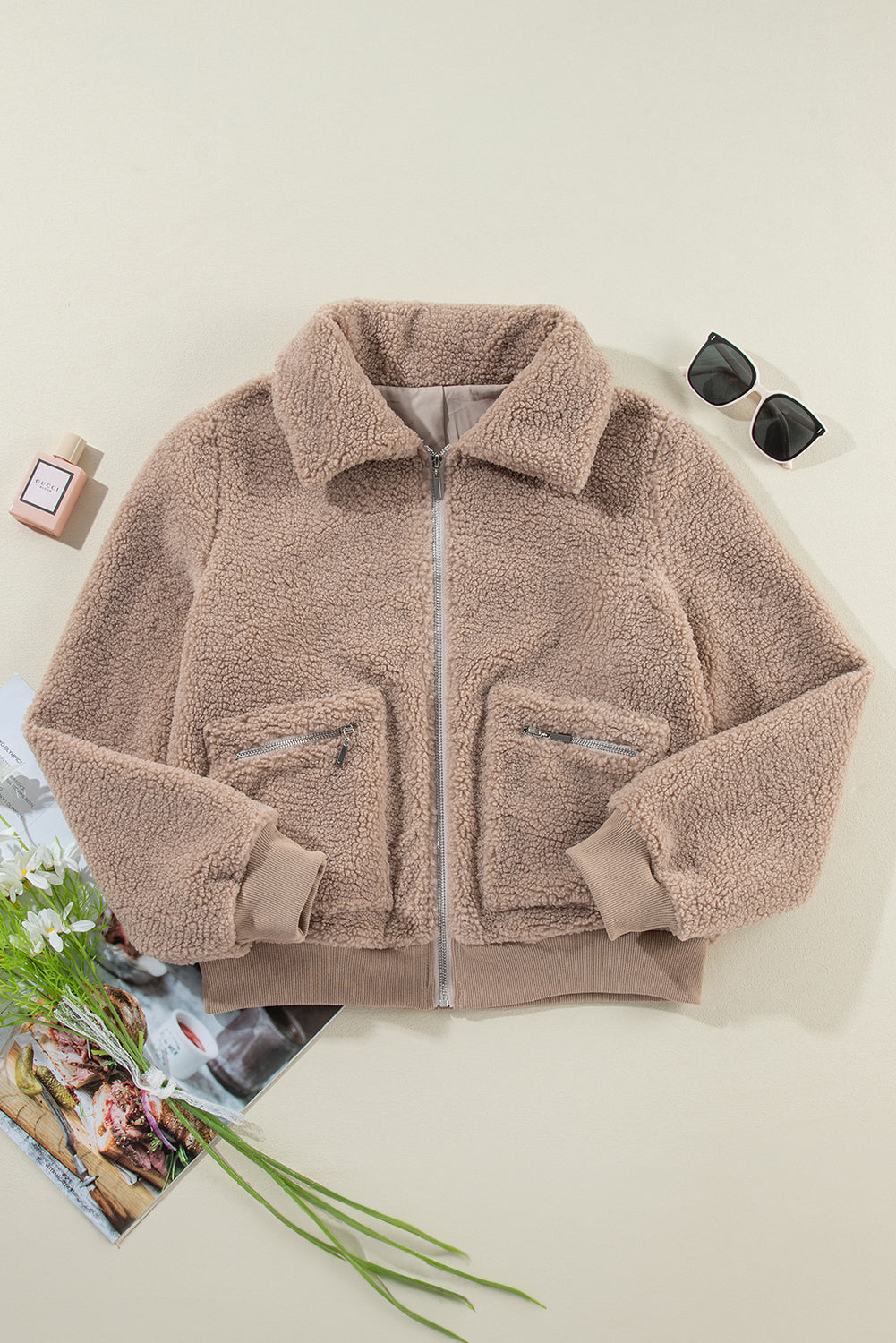 Light French Beige Zipper Pocketed Winter Fuzzy Jacket 🇺🇸