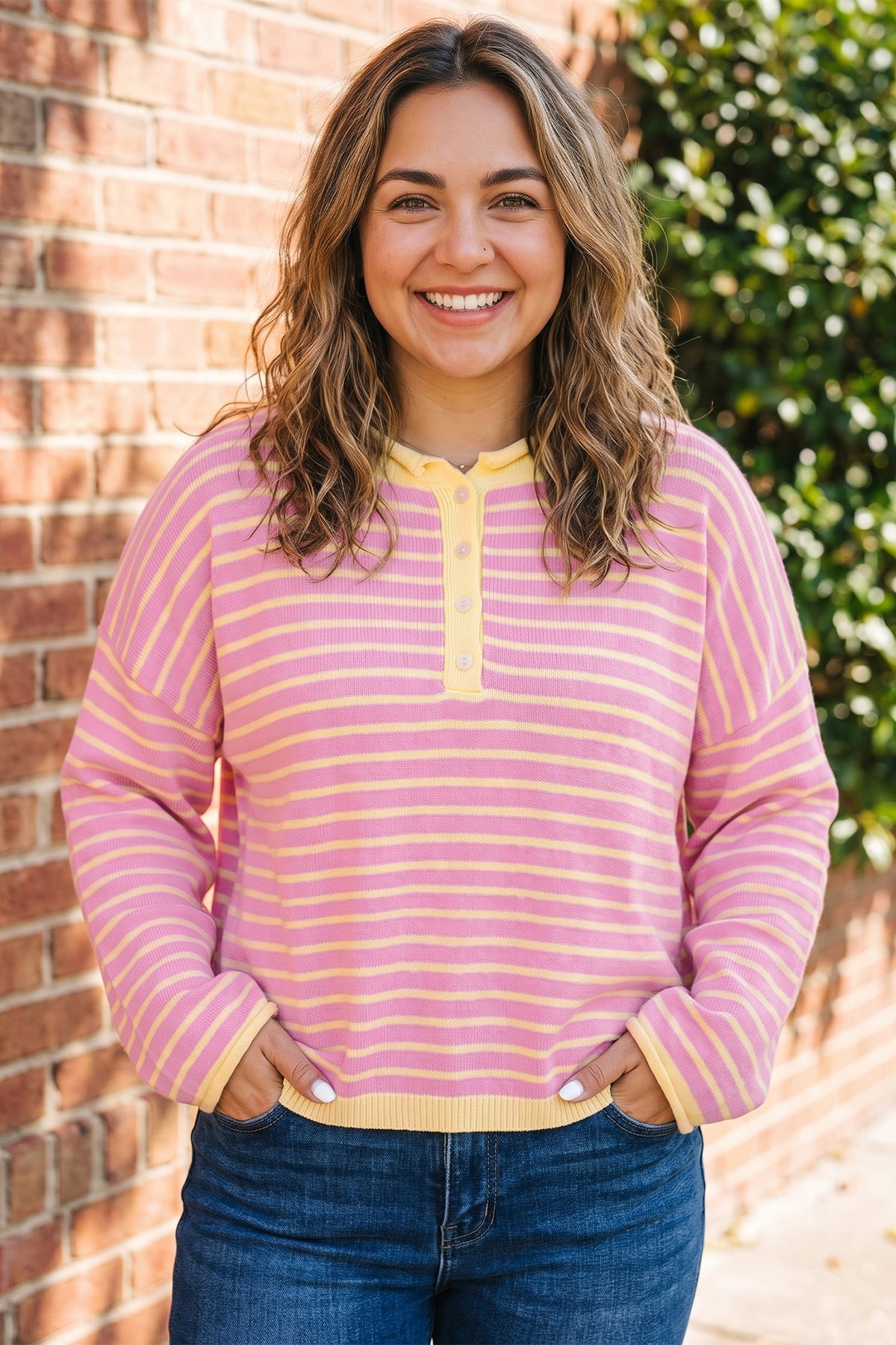 Pink Stripe Striped Colorblock Long Sleeve V Neck Shift Plus Size Sweater 🇺🇸