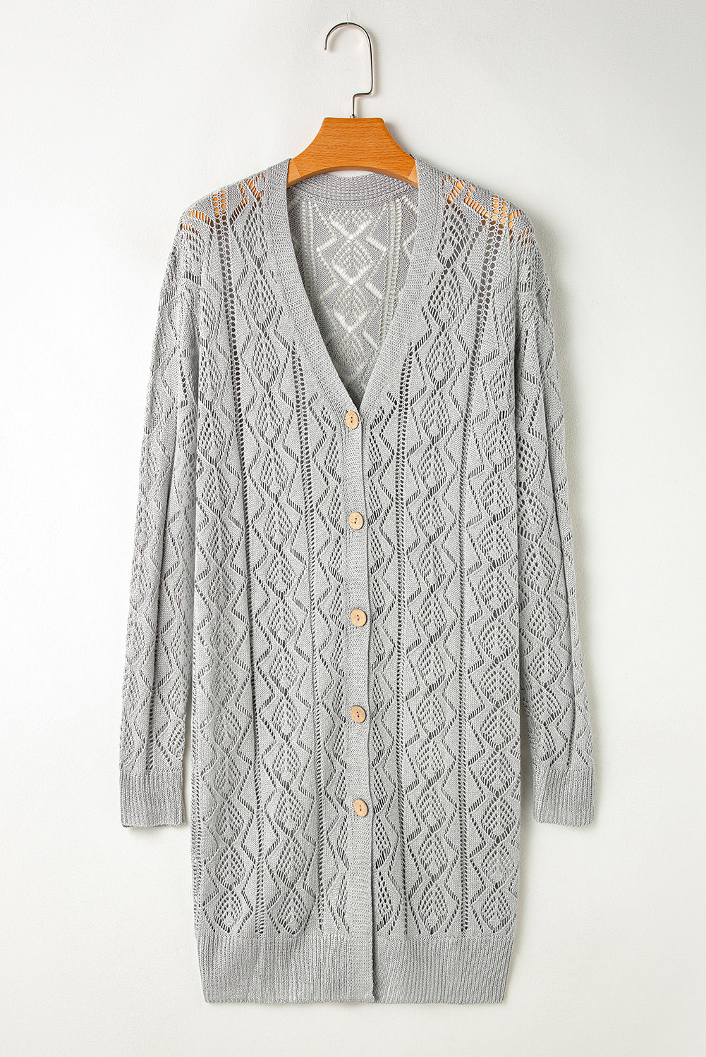 Gray Hollow Out Buttons Front Long Cardigan 🇨🇳
