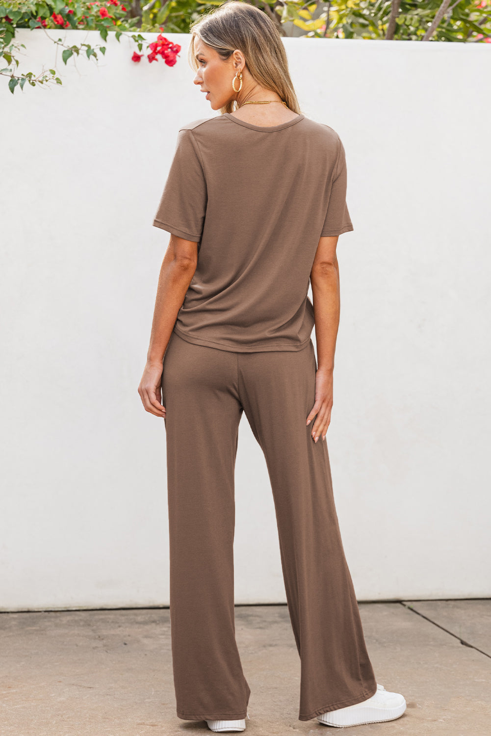 Smoke Gray Solid Color T Shirt 2pcs Wide Leg Pants Set 🇺🇸