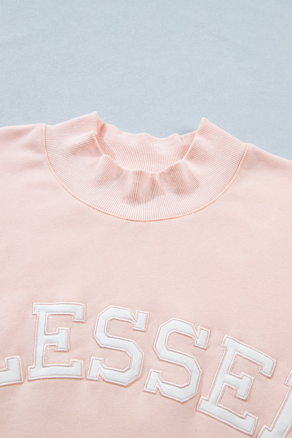 Light Pink BLESSED Embroidered Trim Patch Graphic Plus Size Mock Neck Sweatshirt 🇺🇸
