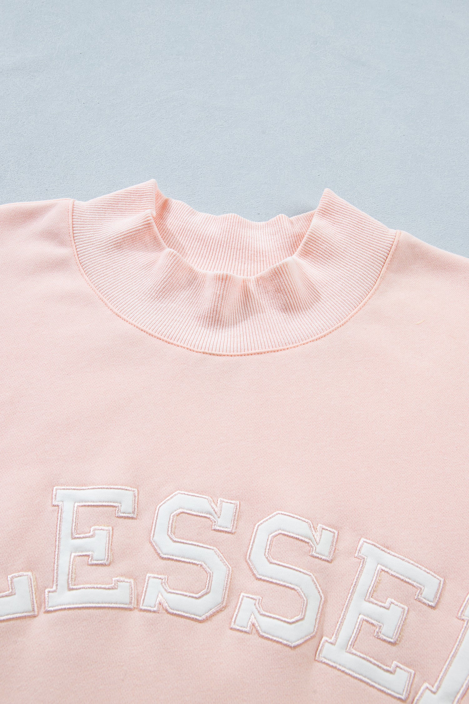 Light Pink BLESSED Embroidered Trim Patch Graphic Plus Size Mock Neck Sweatshirt 🇺🇸