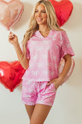 Pink Waffle Knit Bowknot Printed V Neck T Shirt and Shorts Set 🇺🇲