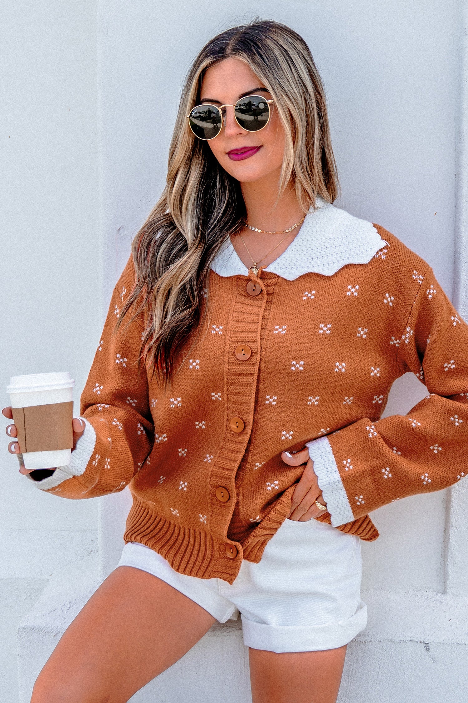 Russet Orange Peter Pan Collar Colorblock Long Sleeve Knitwear Cardigan 🇺🇸