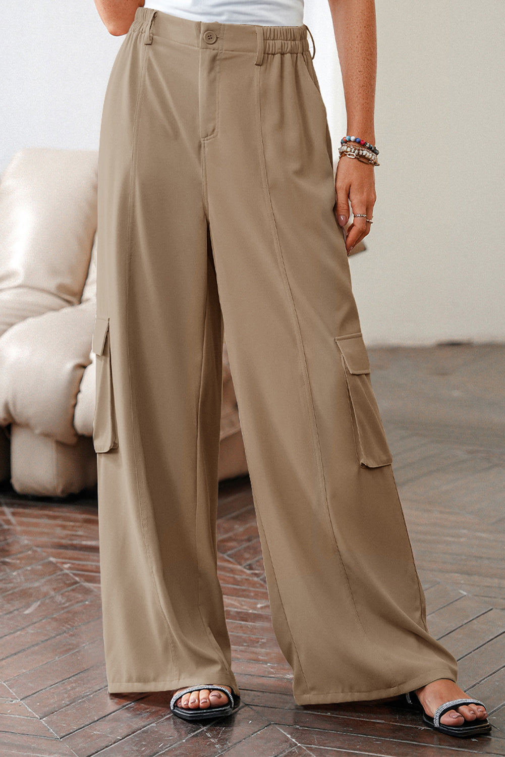Camel Solid Color Elastic High Waist Loose Cargo Pants 🇺🇸