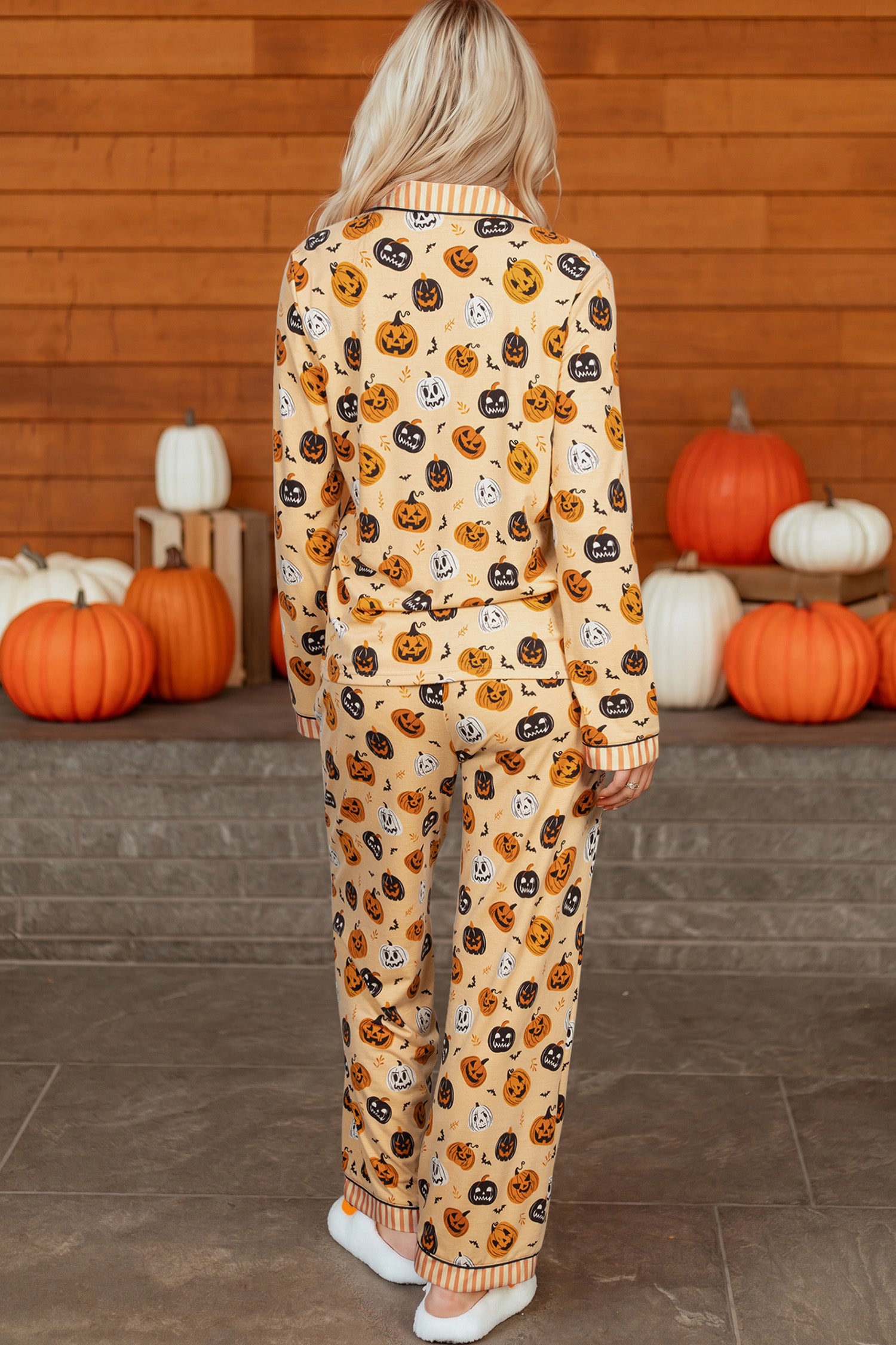 Orange Halloween Pumpkin Print Two Piece Long Sleeve Lounge Set 🇺🇸