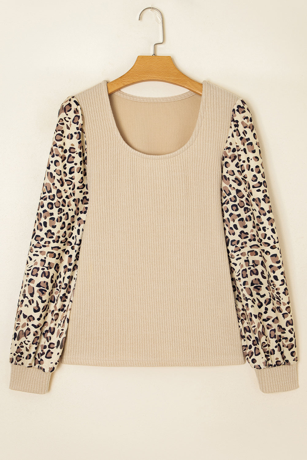 Apricot Leopard Sleeve Patchwork Ribbed Knit U Neck Top 🇺🇸