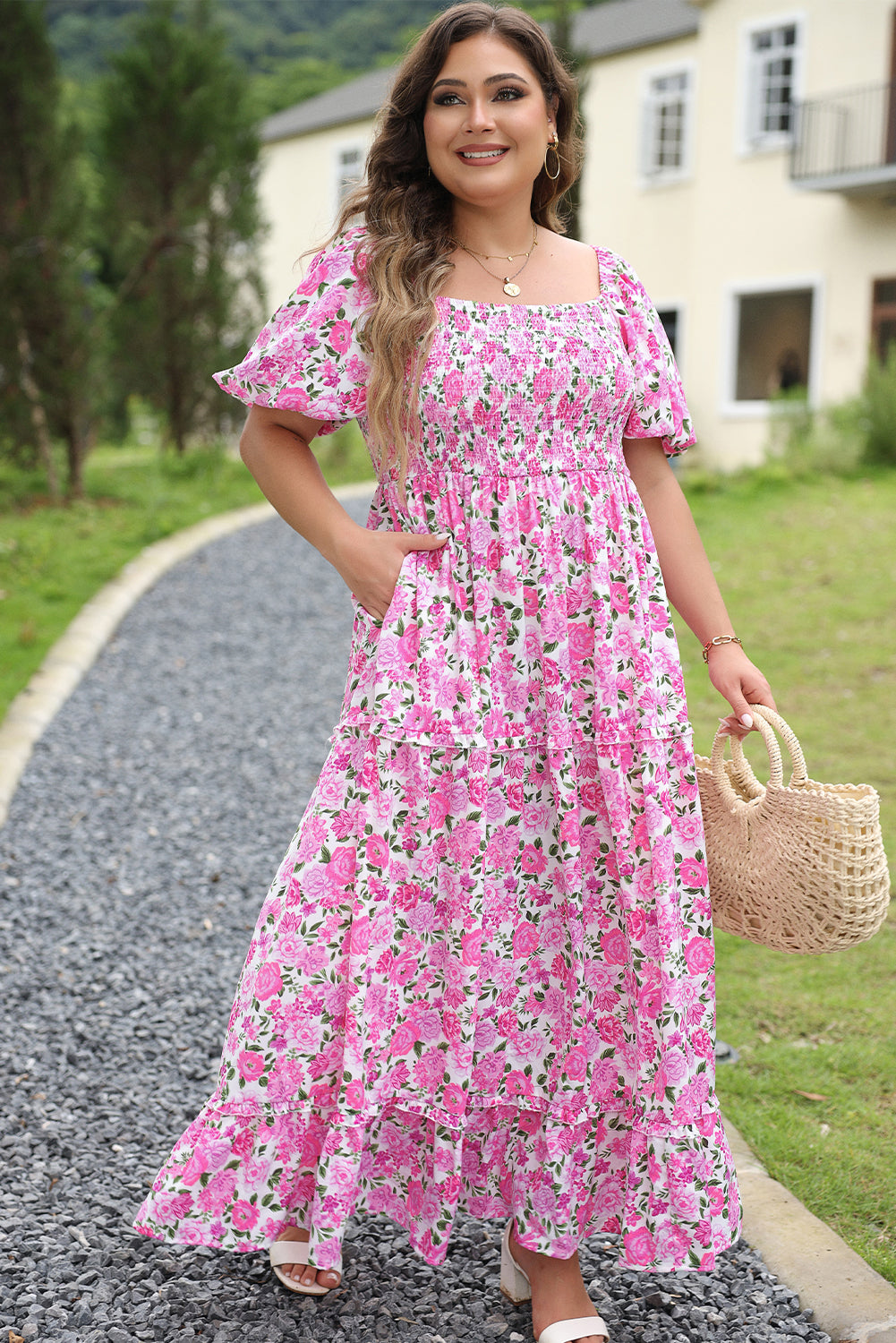 Pink Plus Size Floral Print Smocked Puff Sleeve Dress 🇨🇳