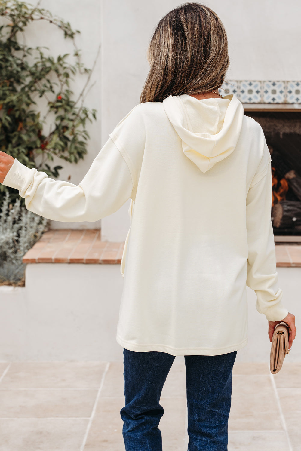 White Solid Color Cute Bow Detail Loose Hoodie 🇺🇲