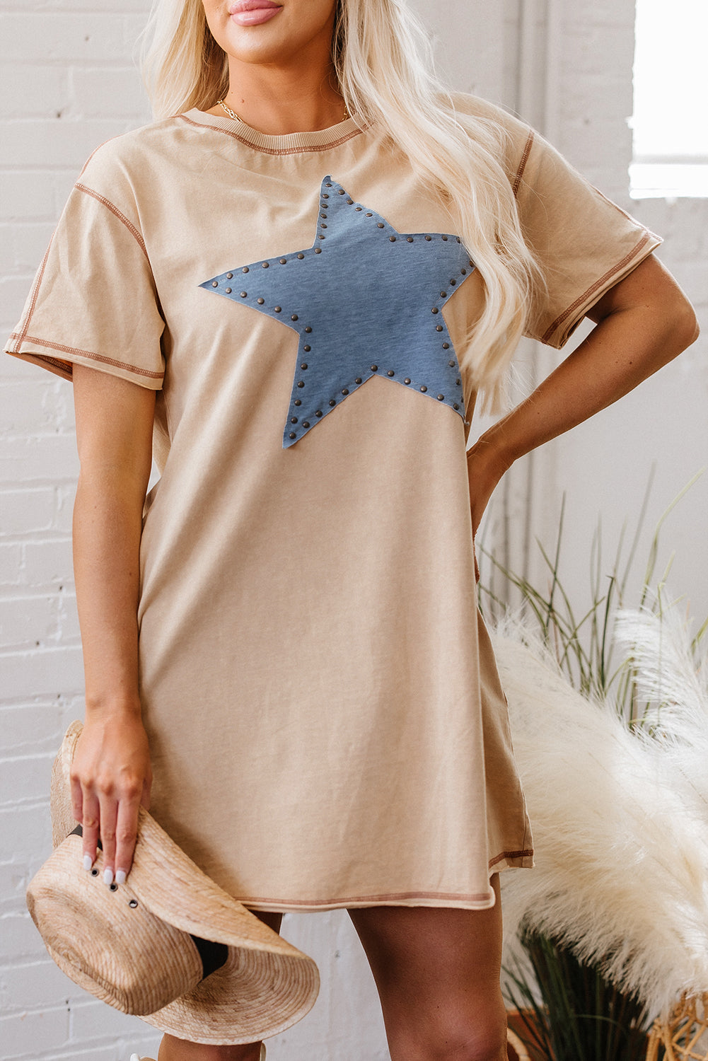 Pale Khaki Mineral Wash Stud Beaded Star Graphic Pocketed T Shirt Dress 🇨🇳