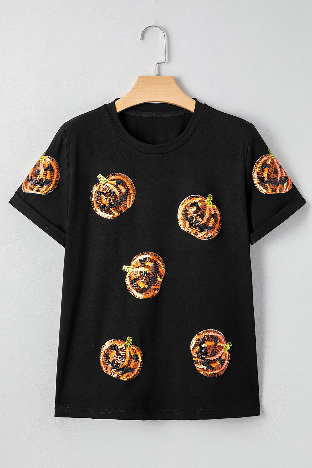 Black Sequin Pumpkin Face Halloween T Shirt 🇺🇸