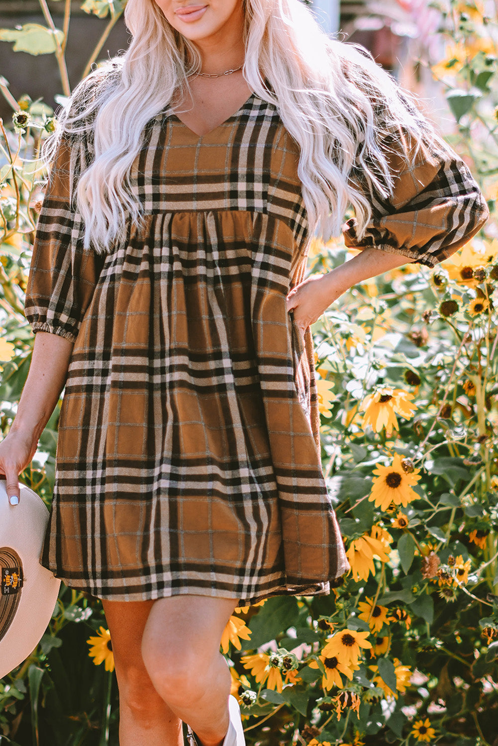 Brown Plaid Pattern Empire Waist Babydoll Dress 🇺🇸