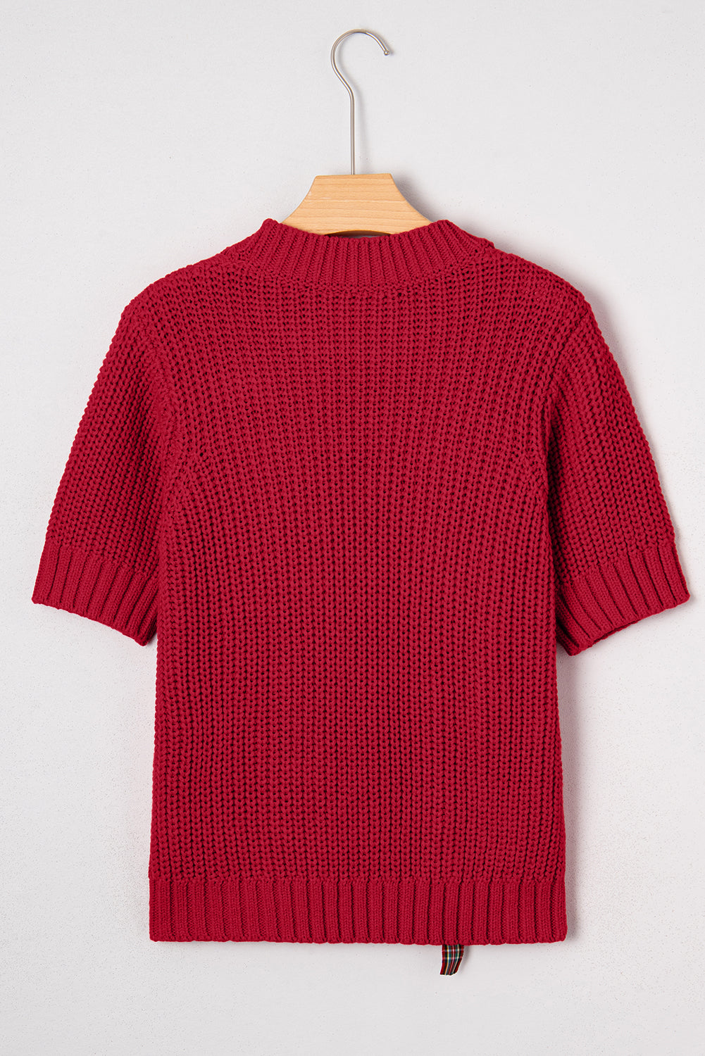 Fiery Red Plaid Lace up Detail Christmas Holiday Puff Short Sleeve Sweater 🇺🇸