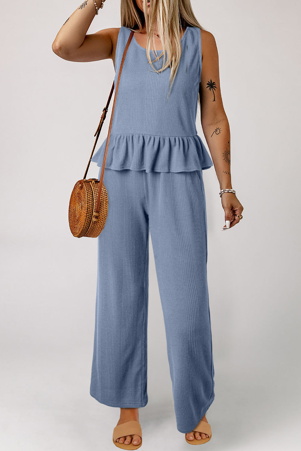 Beau Blue Solid Color Ribbed Ruffle Tank Top and Pants Set 🇨🇳