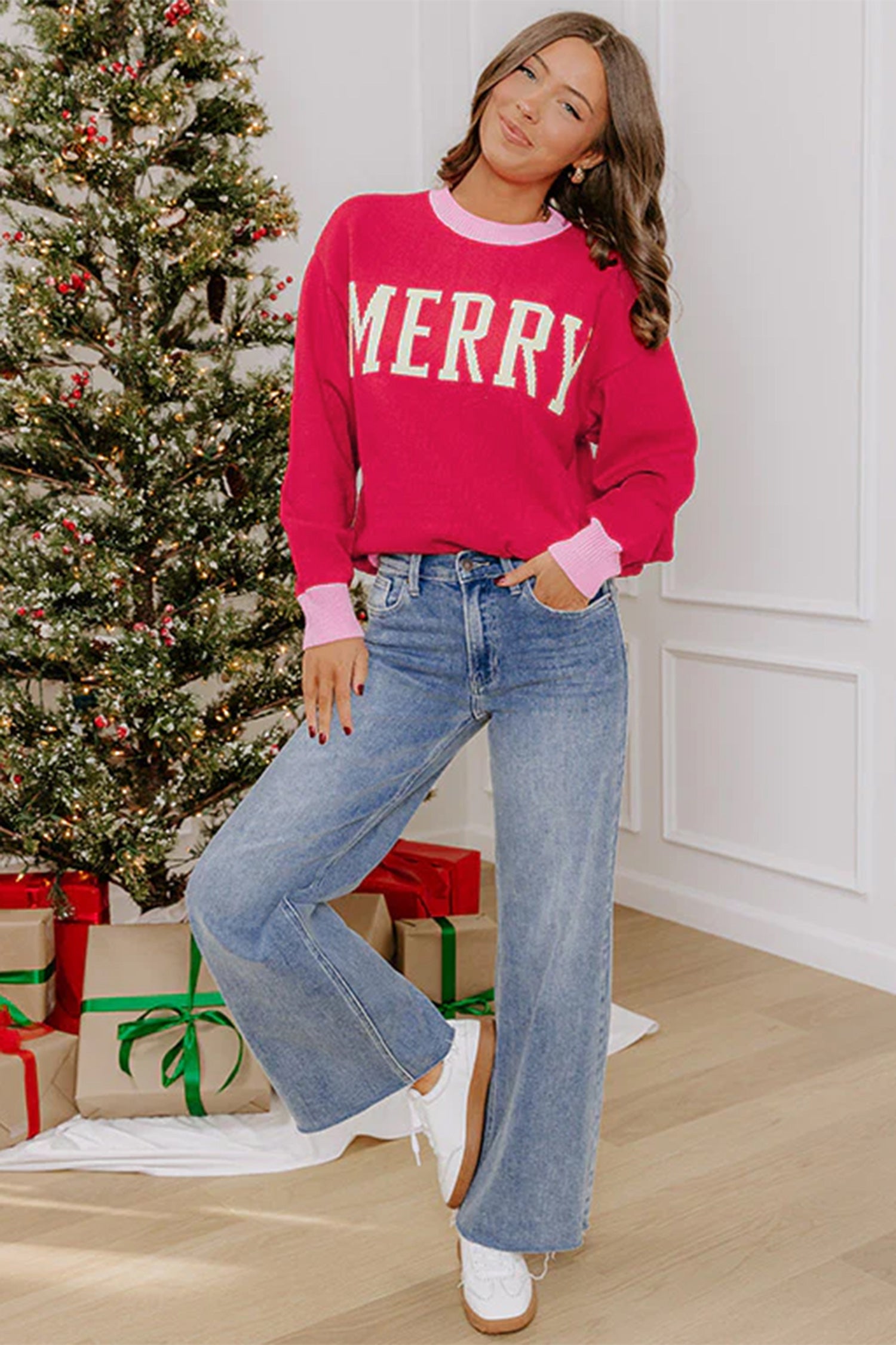 Red Drop Shoulder Round Neck Letter Print Colorblock Sweater 🇺🇸
