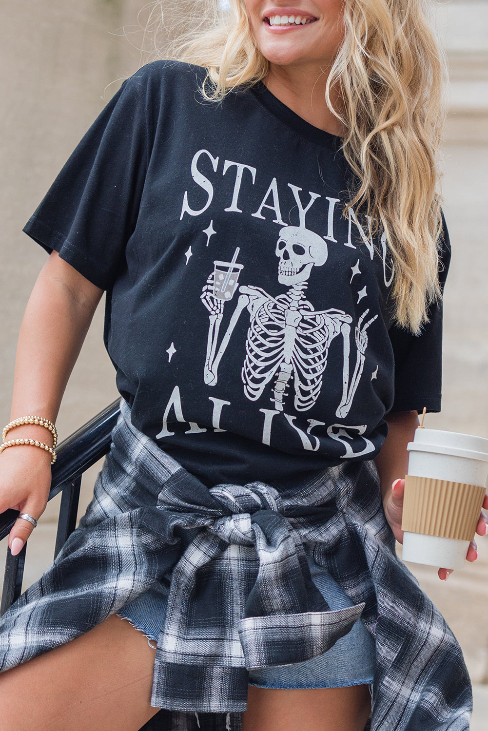 Black STAYING ALIVE Funny Skeleton Print Round Neck T Shirt 🇺🇸