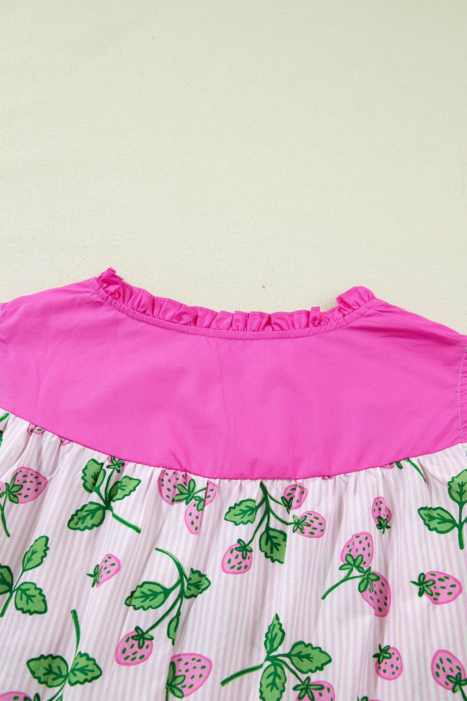 Pink Striped Strawberry Printed Color Block Patchwork V Neck Flutter Sleeve Blouse 🇺🇸