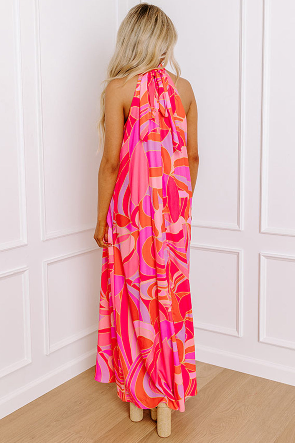 Rose Abstract Printed High Neck Knotted Nape Sleeveless Maxi Dress 🇺🇸