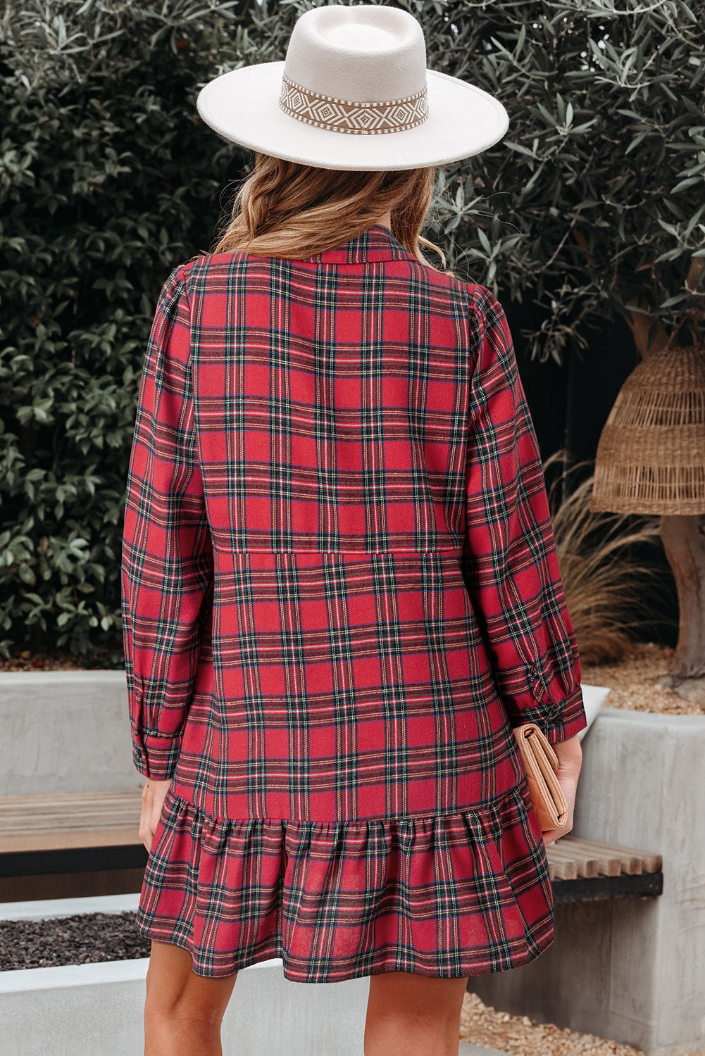 Red Plaid Shirt Collar Half Button Ruffle Hem Long Sleeve Mini Dress 🇺🇸