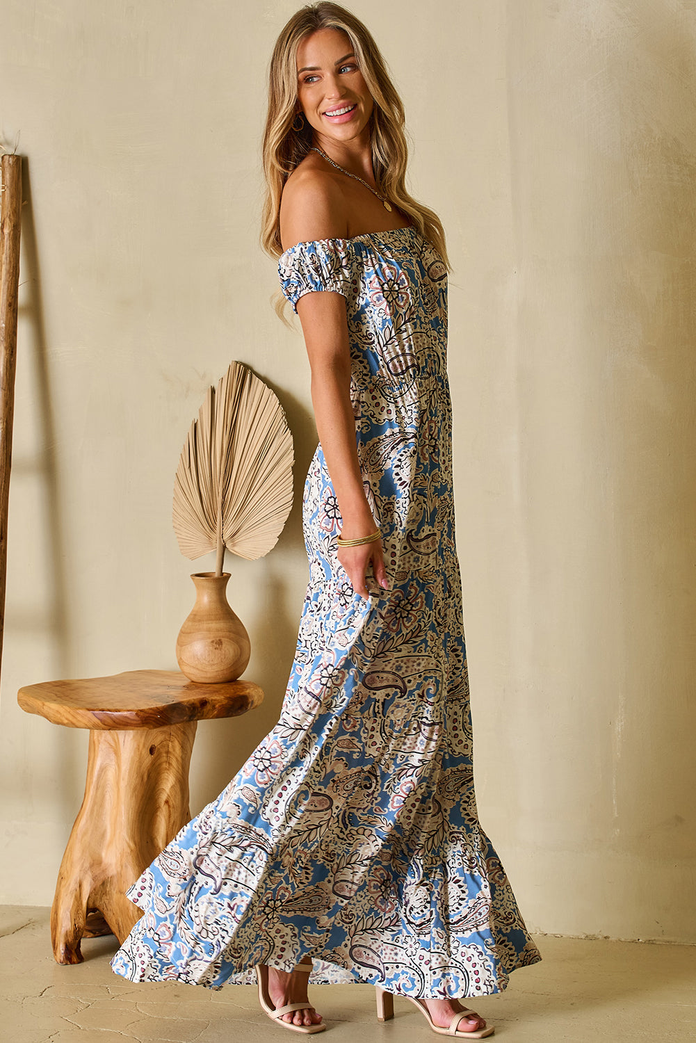 Blue Boho Paisley Print Off Shoulder Maxi Dress 🇺🇸