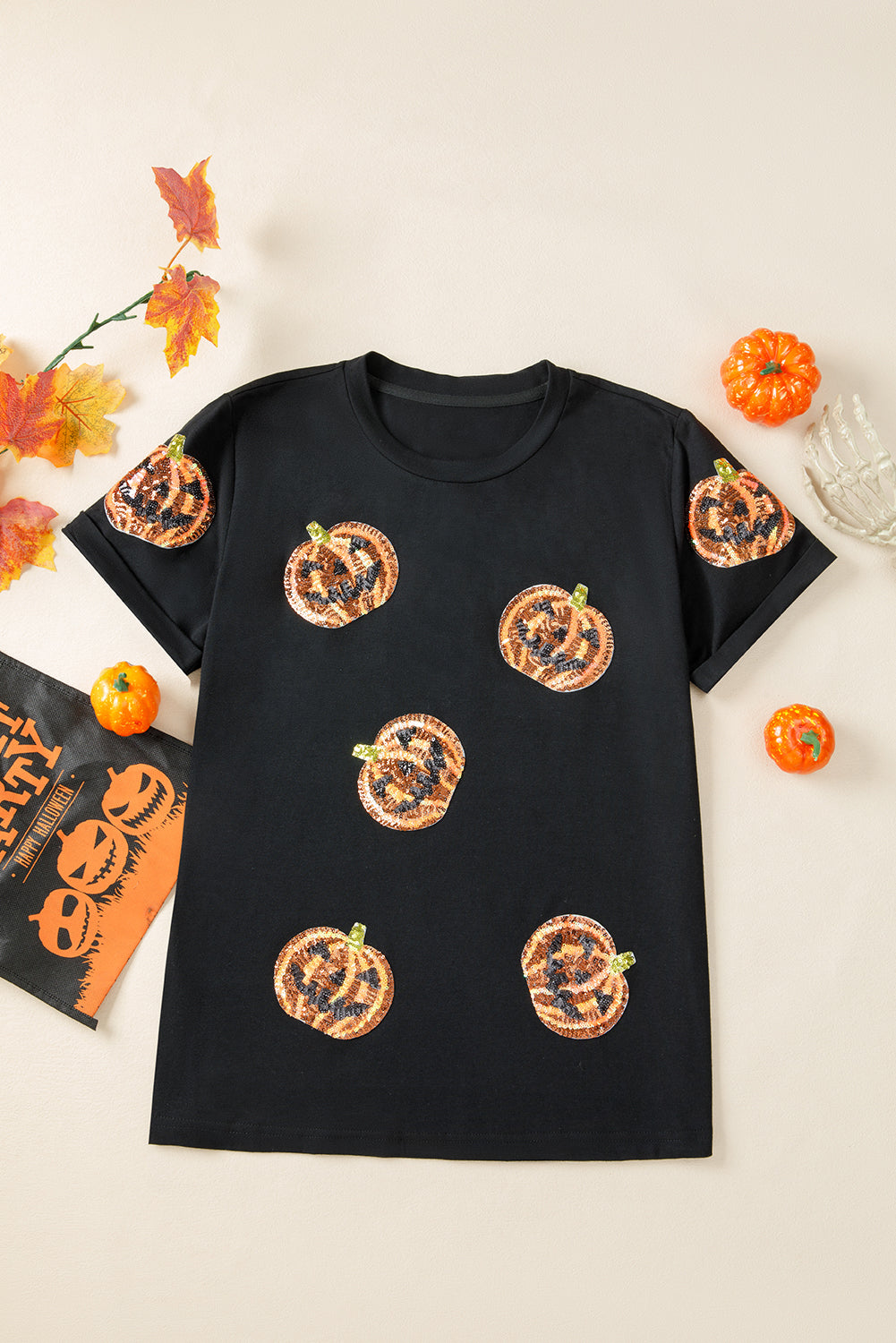 Black Sequin Pumpkin Face Halloween T Shirt 🇺🇸