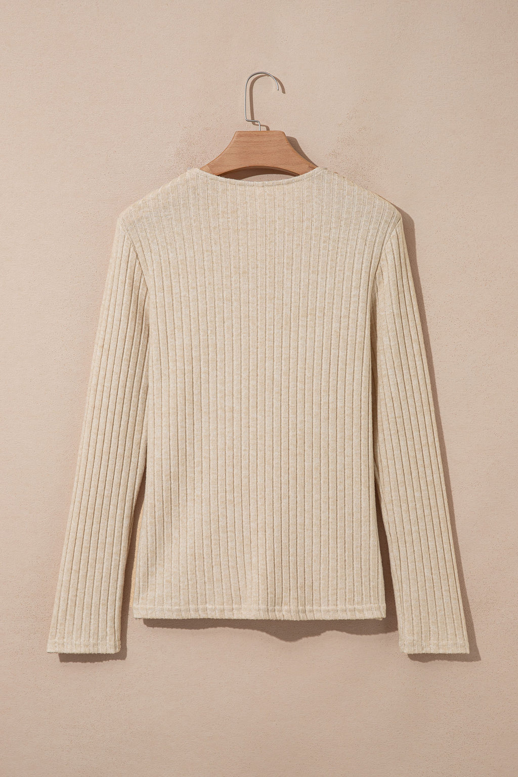 Apricot Solid Color Ribbed Knit Cowl Neck Long Sleeve Top 🇺🇸