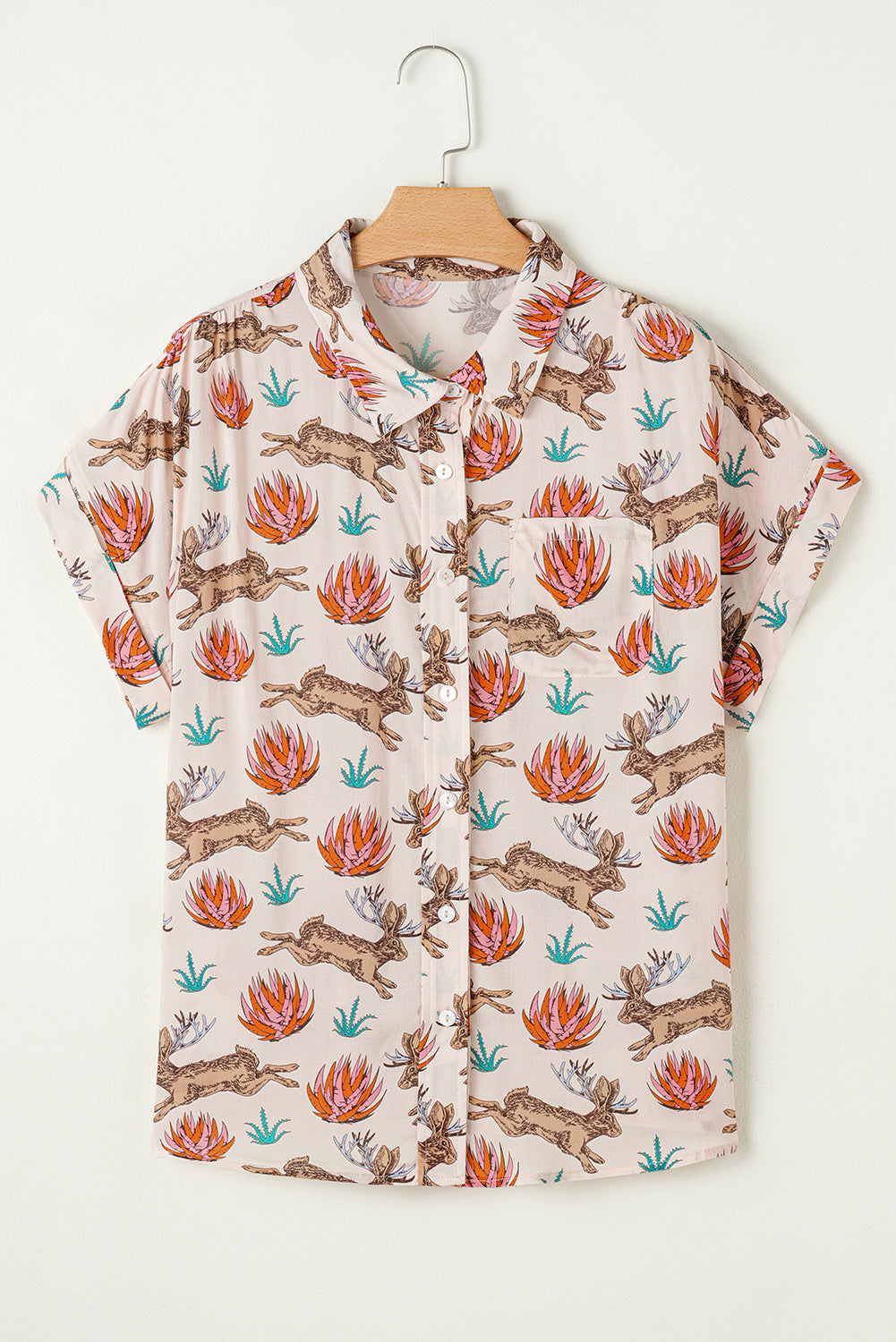 Khaki Plus Size Western Pattern Print Buttoned Short Sleeve Shirt 🇨🇳