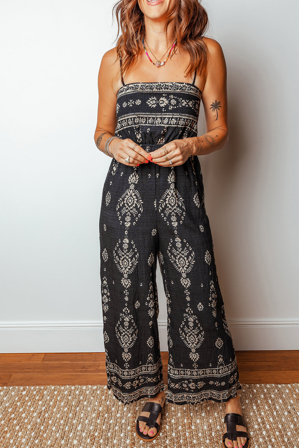 Black Spaghetti Straps Elastic Waist Loose Ethnic Print Jumpsuit 🇺🇸